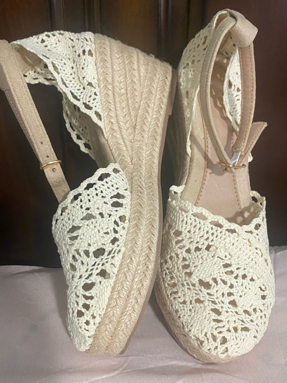 Women's Cream Crochet Espadrille Wedge Sandals